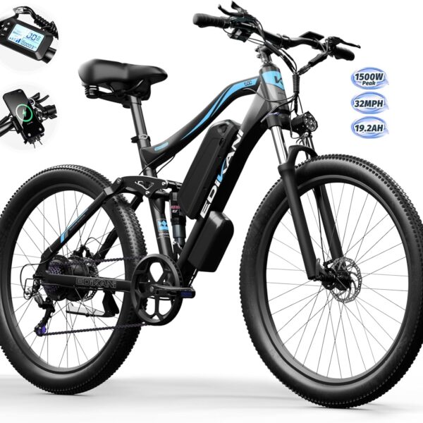 Electric Bike for Adults 1500W Peak 27.5" Ebike with 19.2Ah Battery Max 32Mph E Mountain Bike 80 Miles Full Suspension Electric Bicycle for Commuter