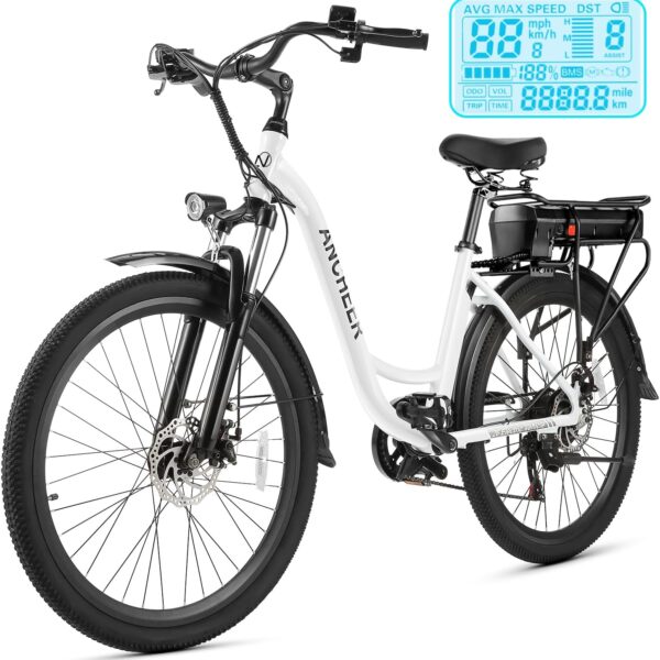 ANCHEER Electric Bike for Adults, 48V 500Wh EBike, UP to 60 Miles, Removable Battery, Fast-Charge, 26" Commuter Electric Bicycles, 7-Speed, LCD Digital Display, Suspension Fork, Cruise Control, UL2849